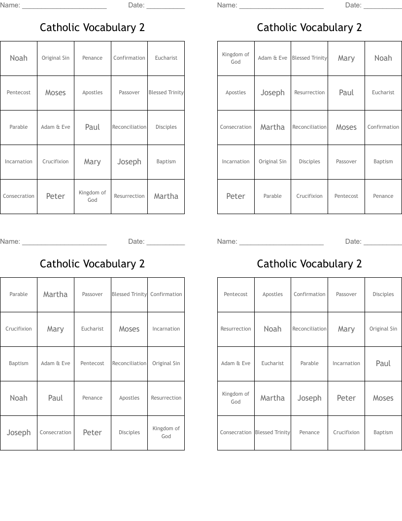 Catholic Vocabulary 2 Bingo Cards