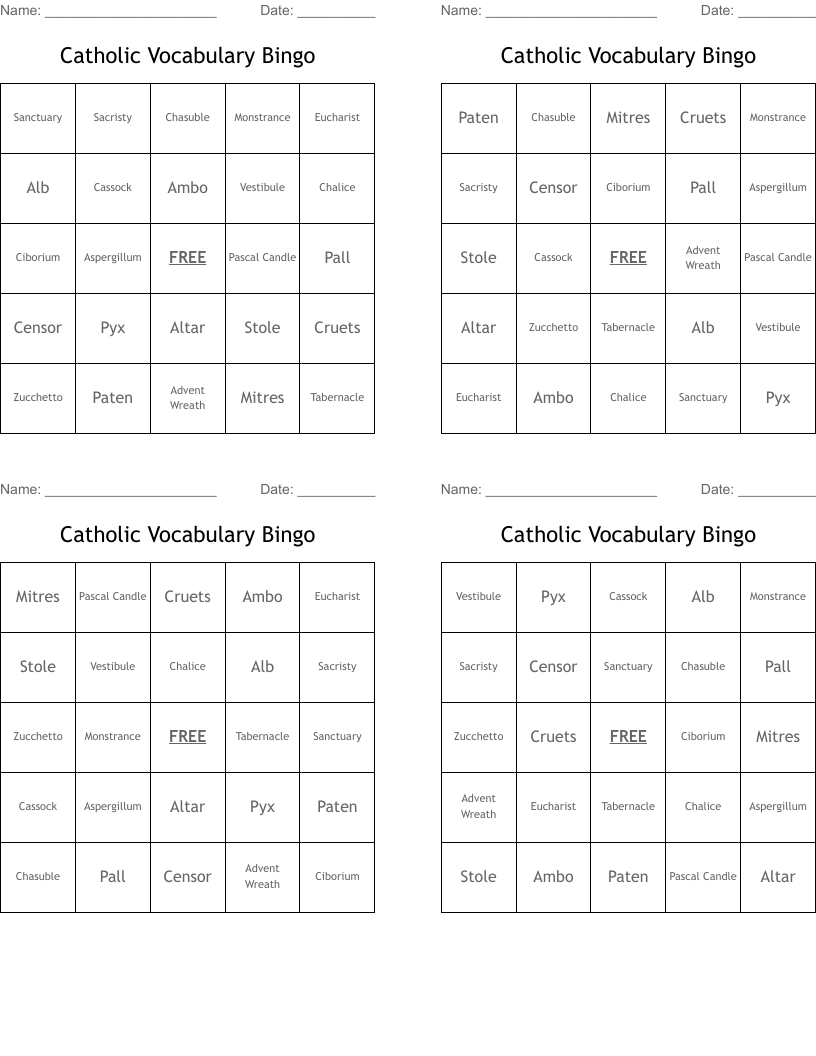 Catholic Vocabulary Bingo