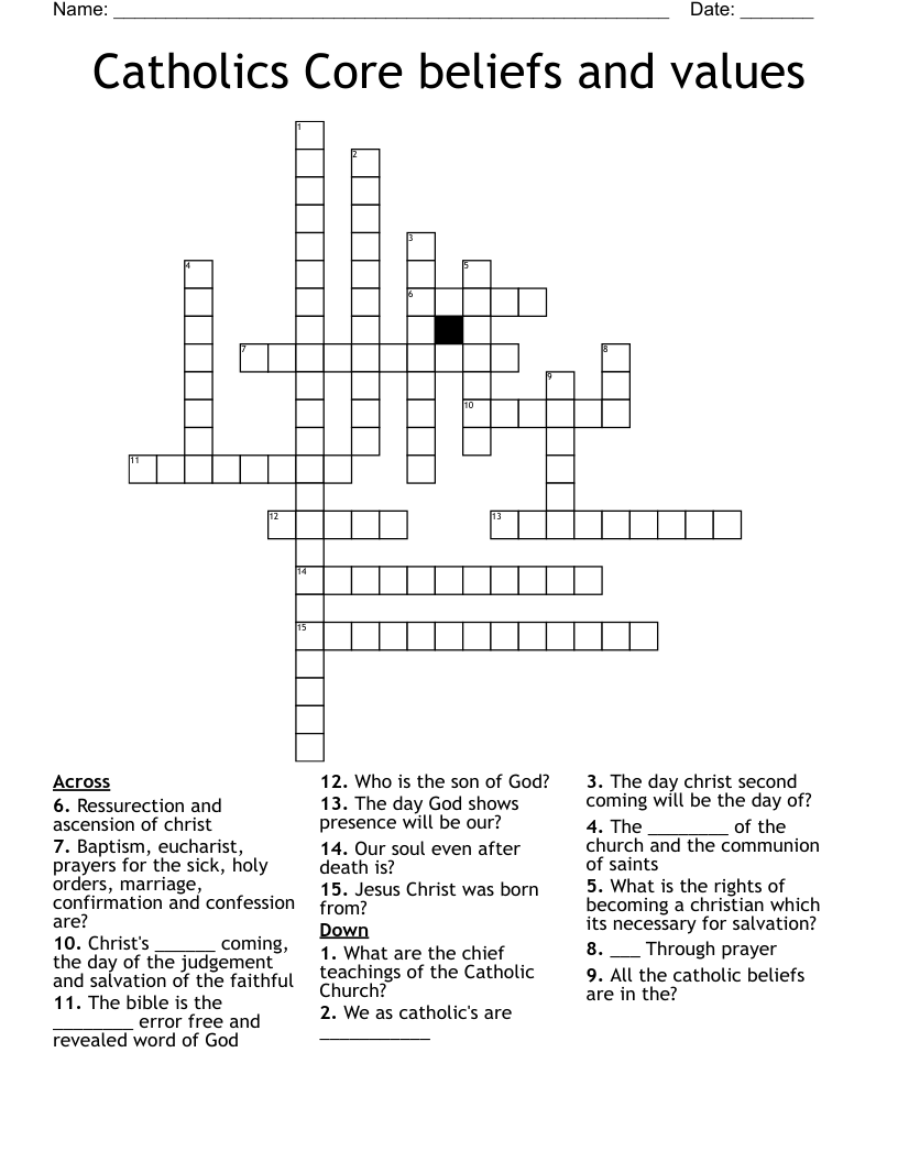 Catholics Core beliefs and values Crossword