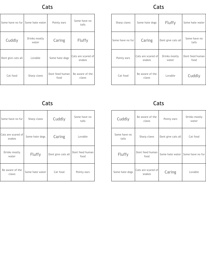Cats Bingo Cards