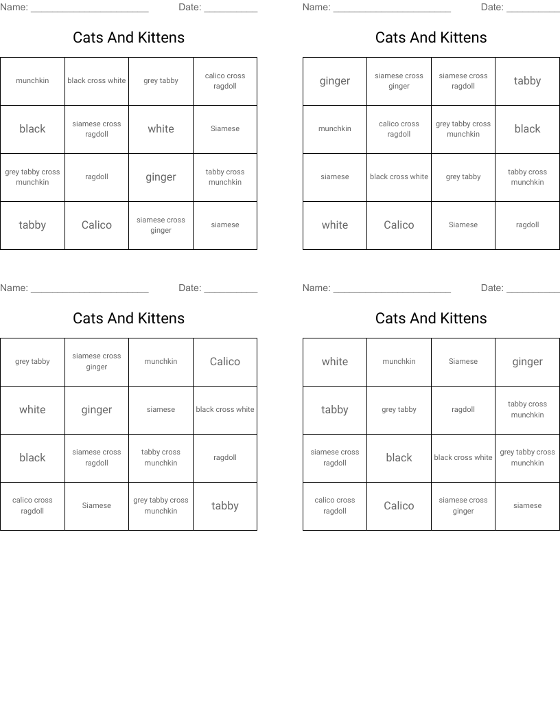 Cats And Kittens Bingo Cards