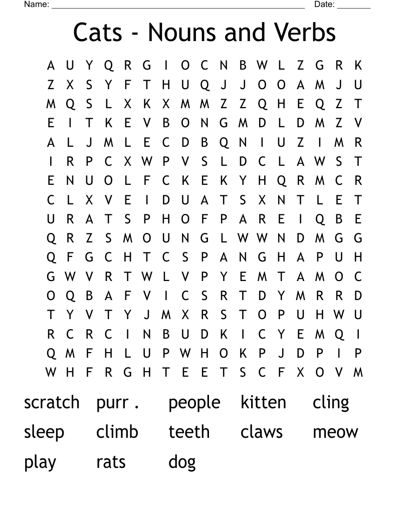 Cats - Nouns and Verbs Word Search