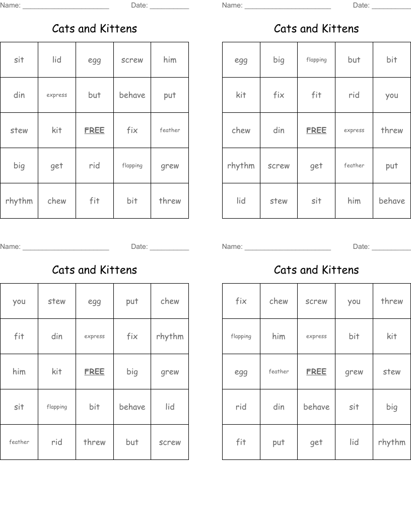 Cats and Kittens Bingo Cards