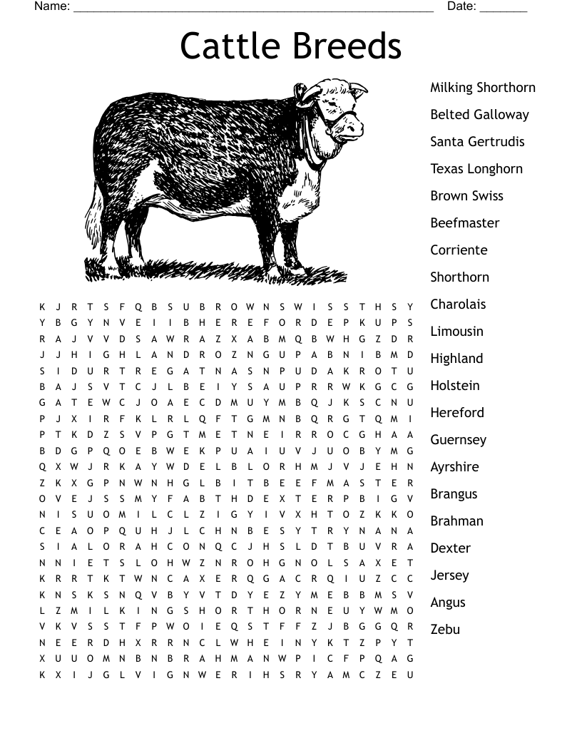 Cattle Breeds Word Search