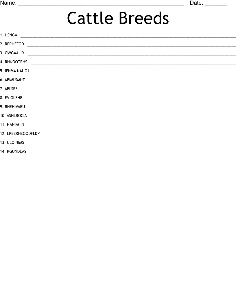 Cattle Breeds Word Scramble