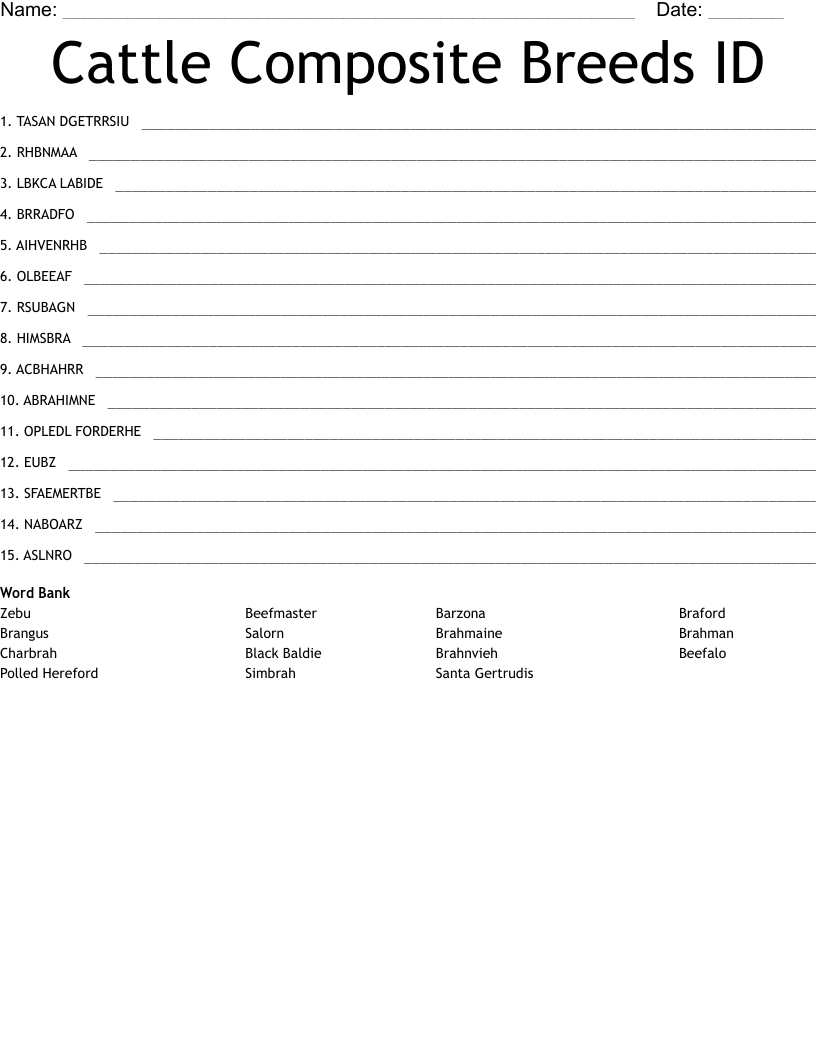 Cattle Composite Breeds ID Word Scramble
