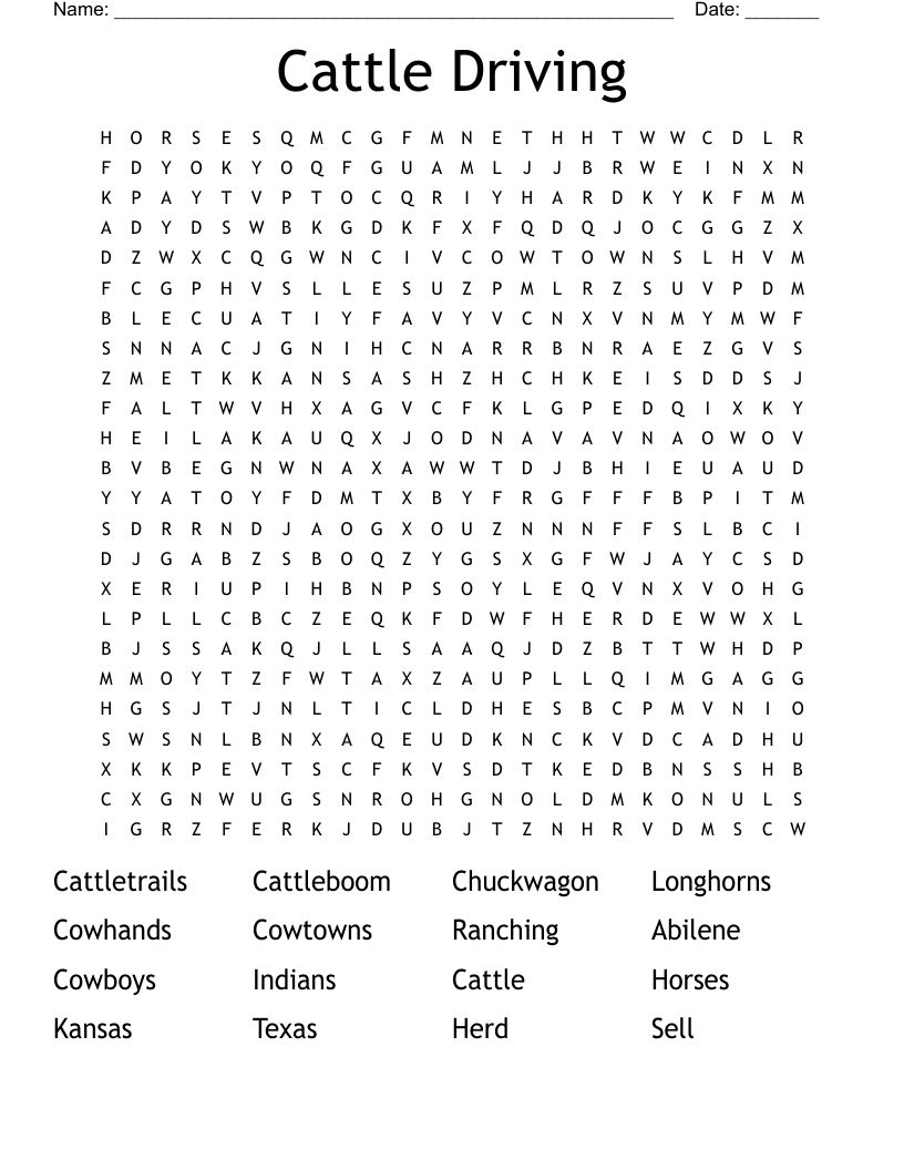 Cattle Driving Word Search