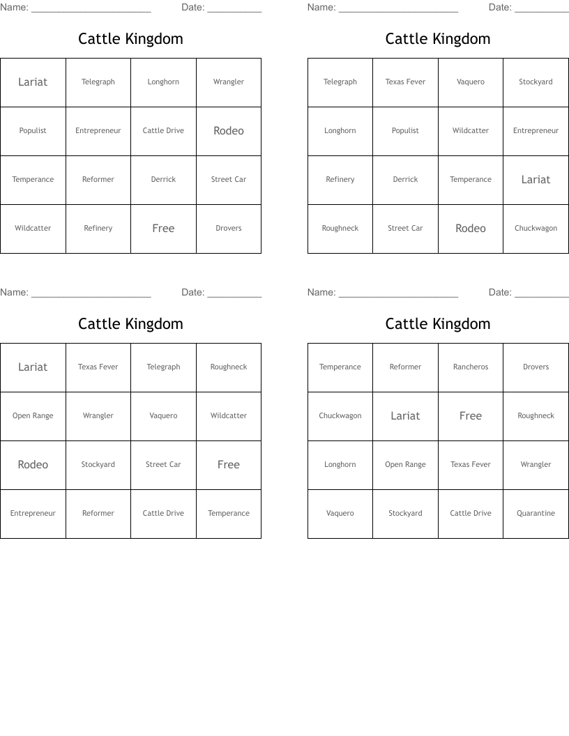 Cattle Kingdom Bingo Cards