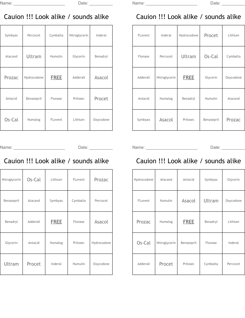 Cauion !!! Look alike / sounds alike Bingo Cards