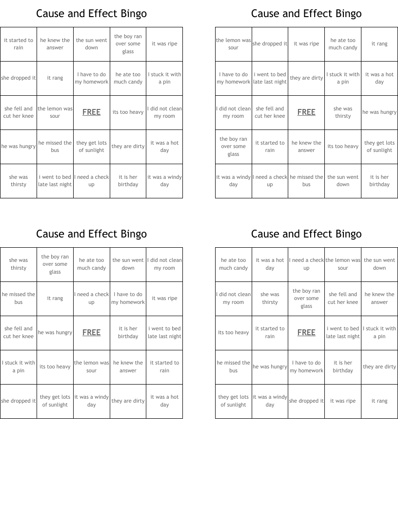 Cause and Effect Bingo