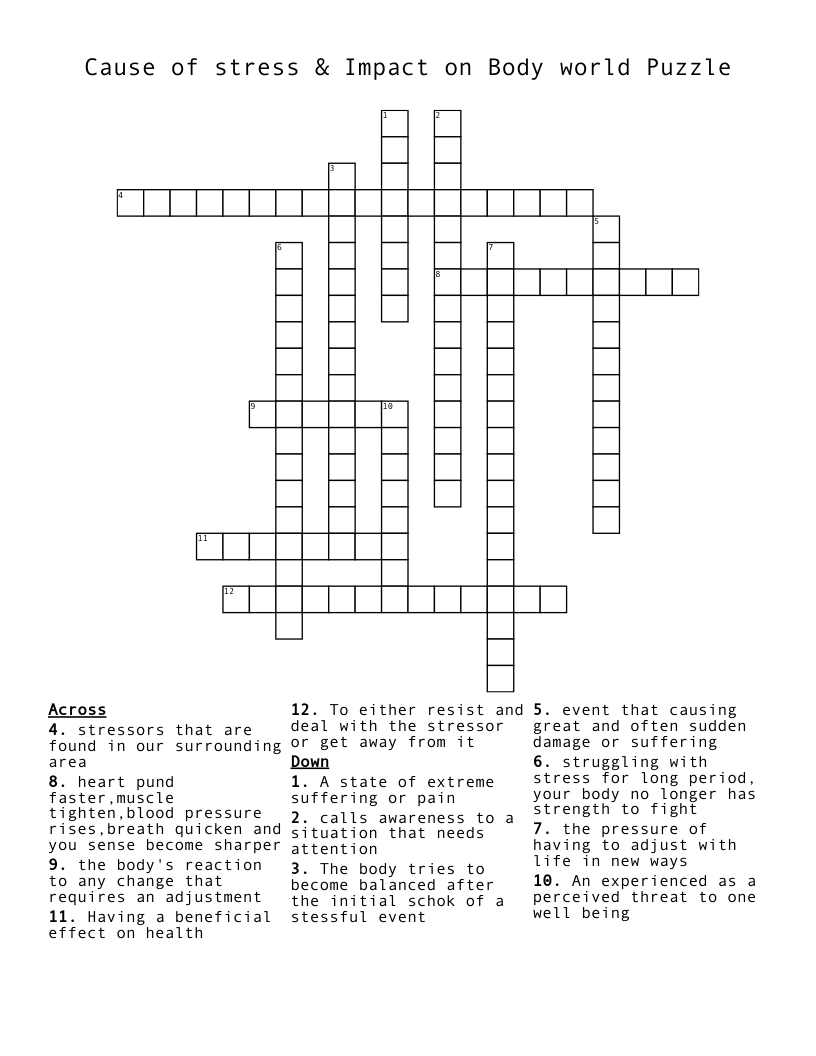 Cause of stress & Impact on Body world Puzzle Crossword