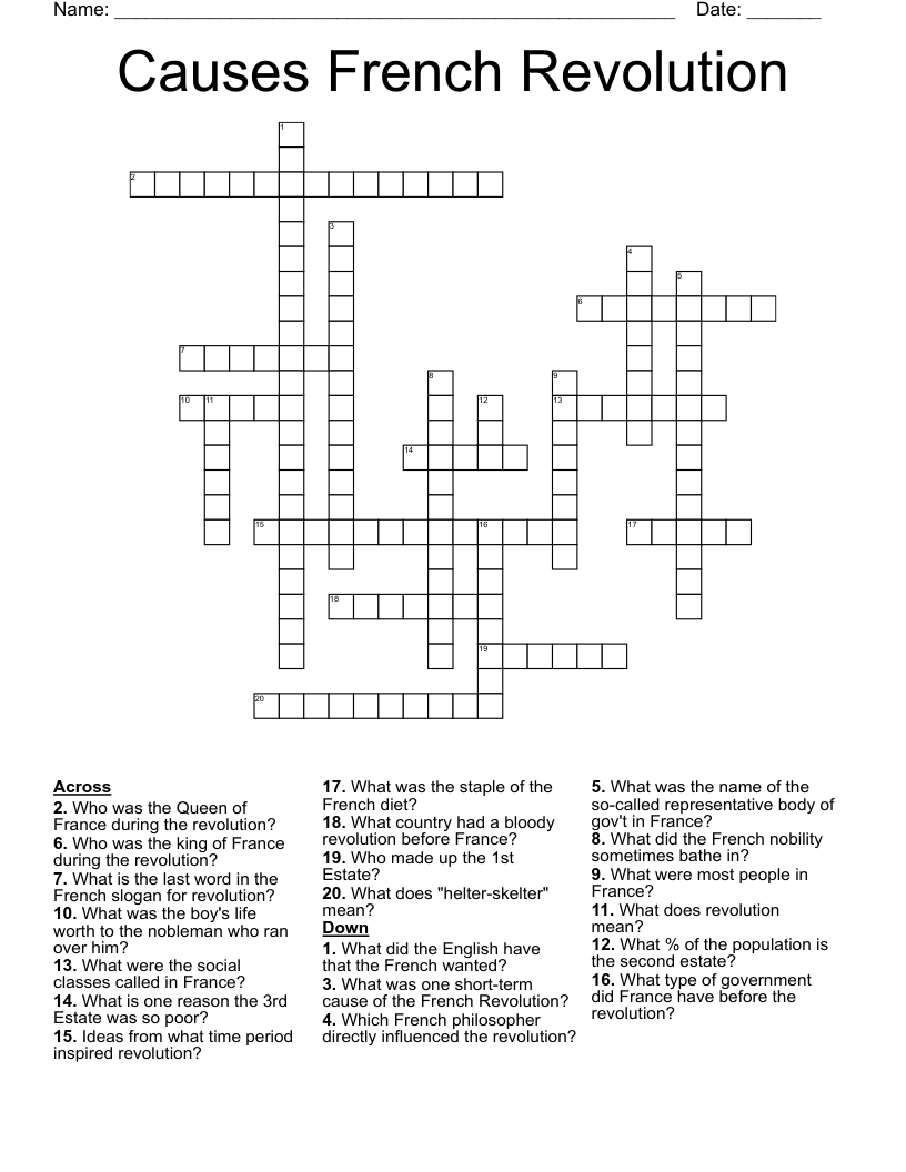 Causes French Revolution Crossword