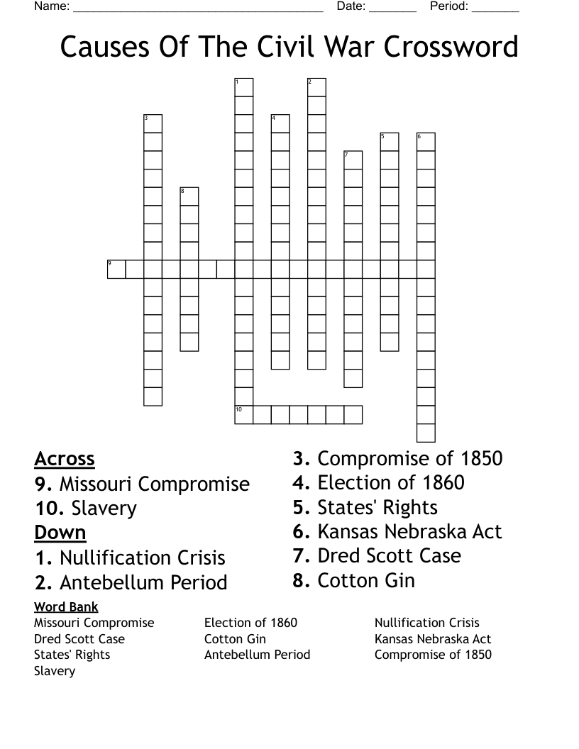 Causes Of The Civil War Crossword