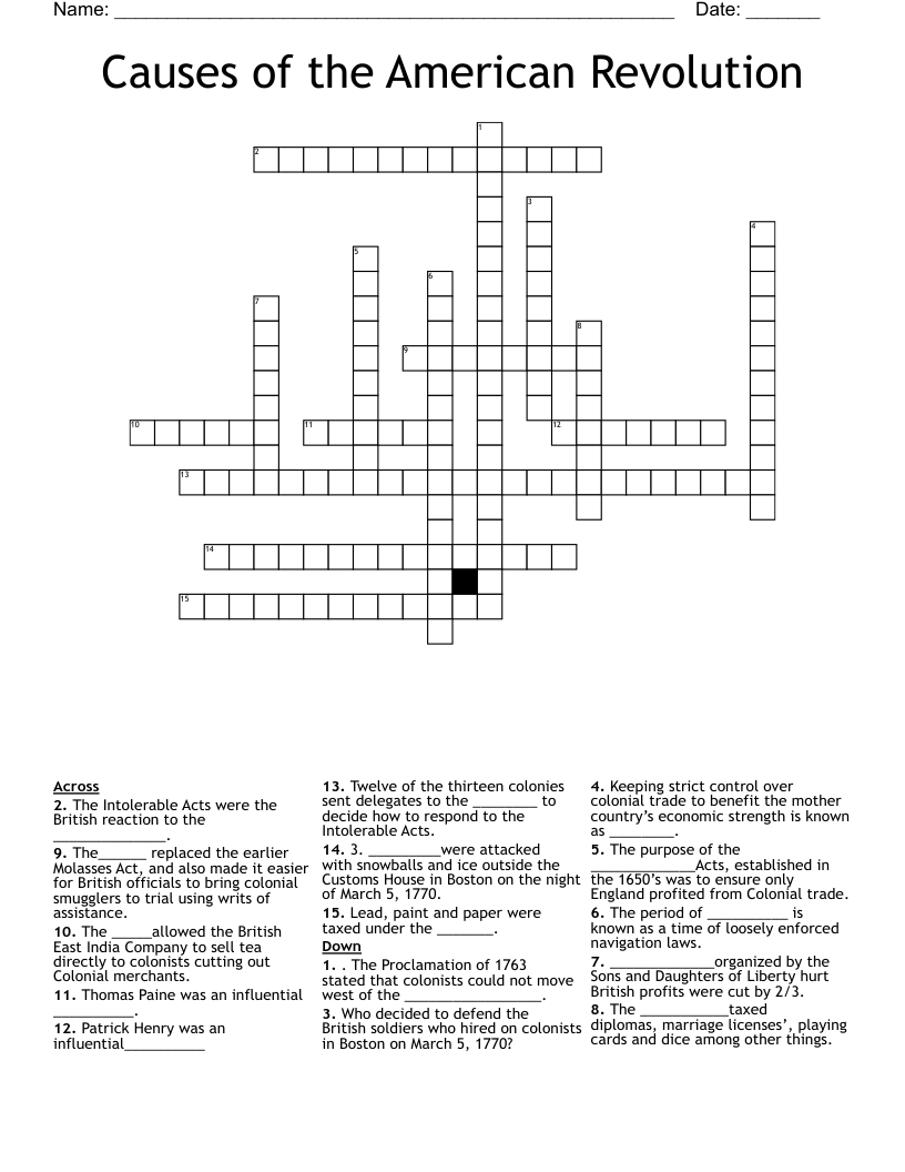 Causes  of the American Revolution Crossword