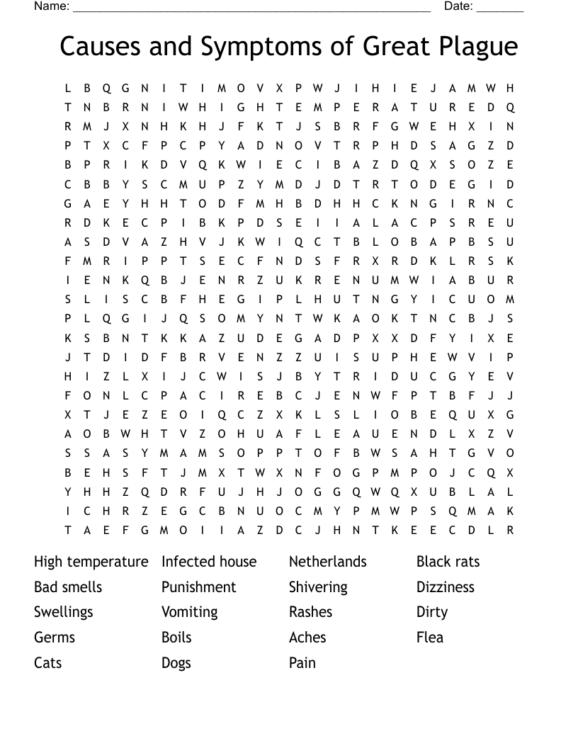 Causes and Symptoms of Great Plague Word Search