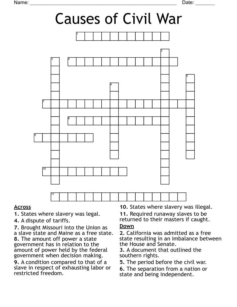 Causes of Civil War Crossword