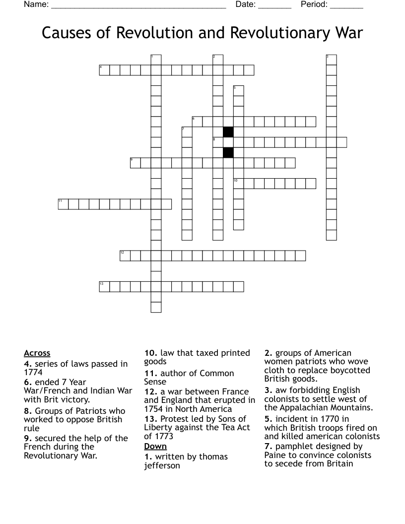 Causes of Revolution and Revolutionary War Crossword