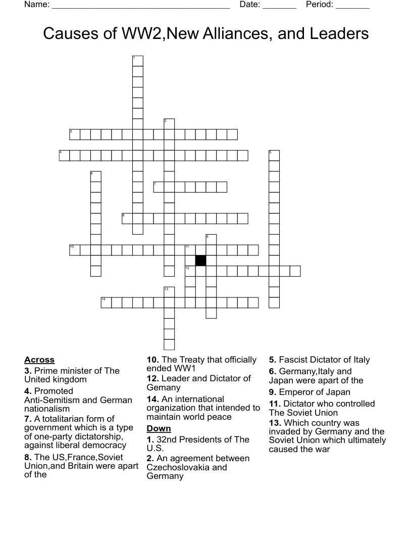 Causes of WW2,New Alliances, and Leaders Crossword