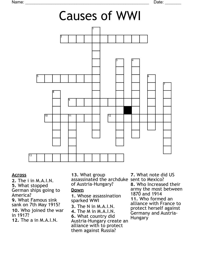 Causes of WWI Crossword