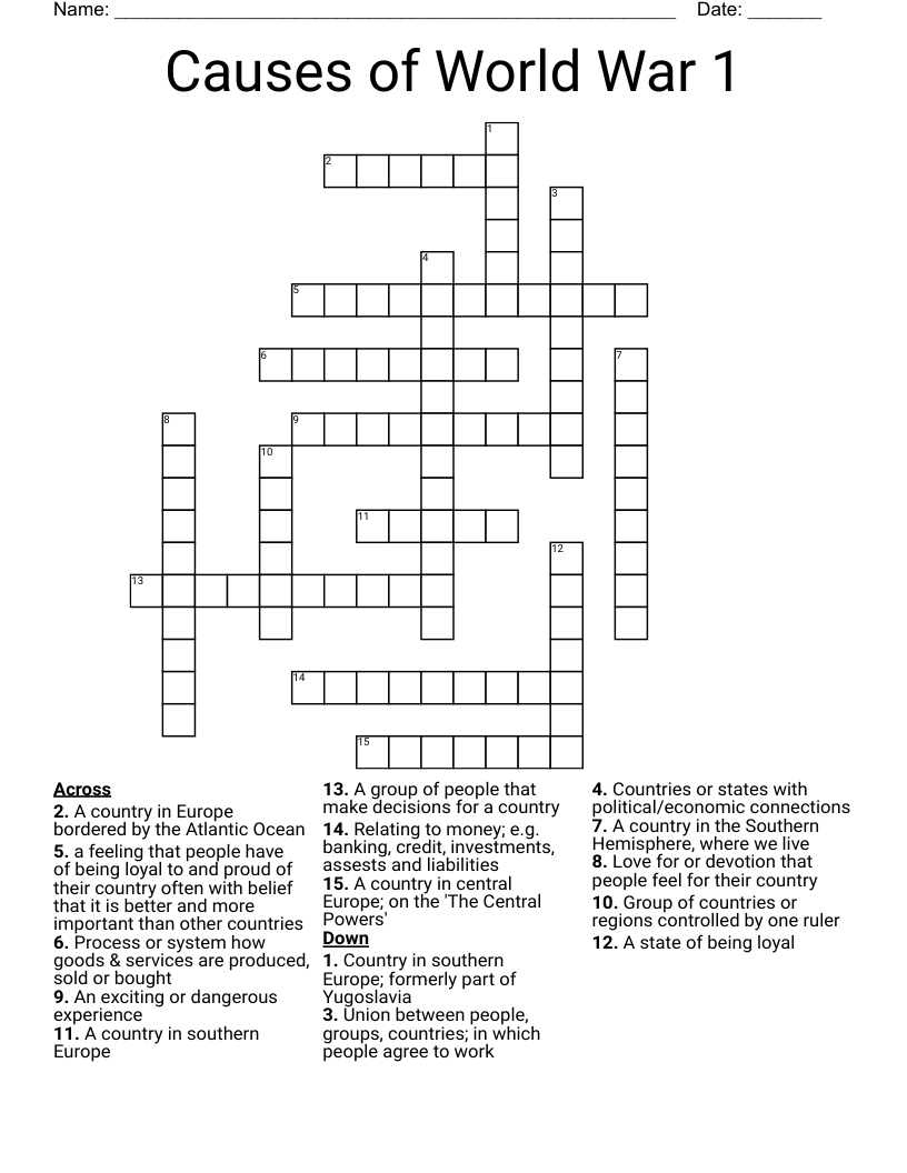 Causes of World War 1 Crossword