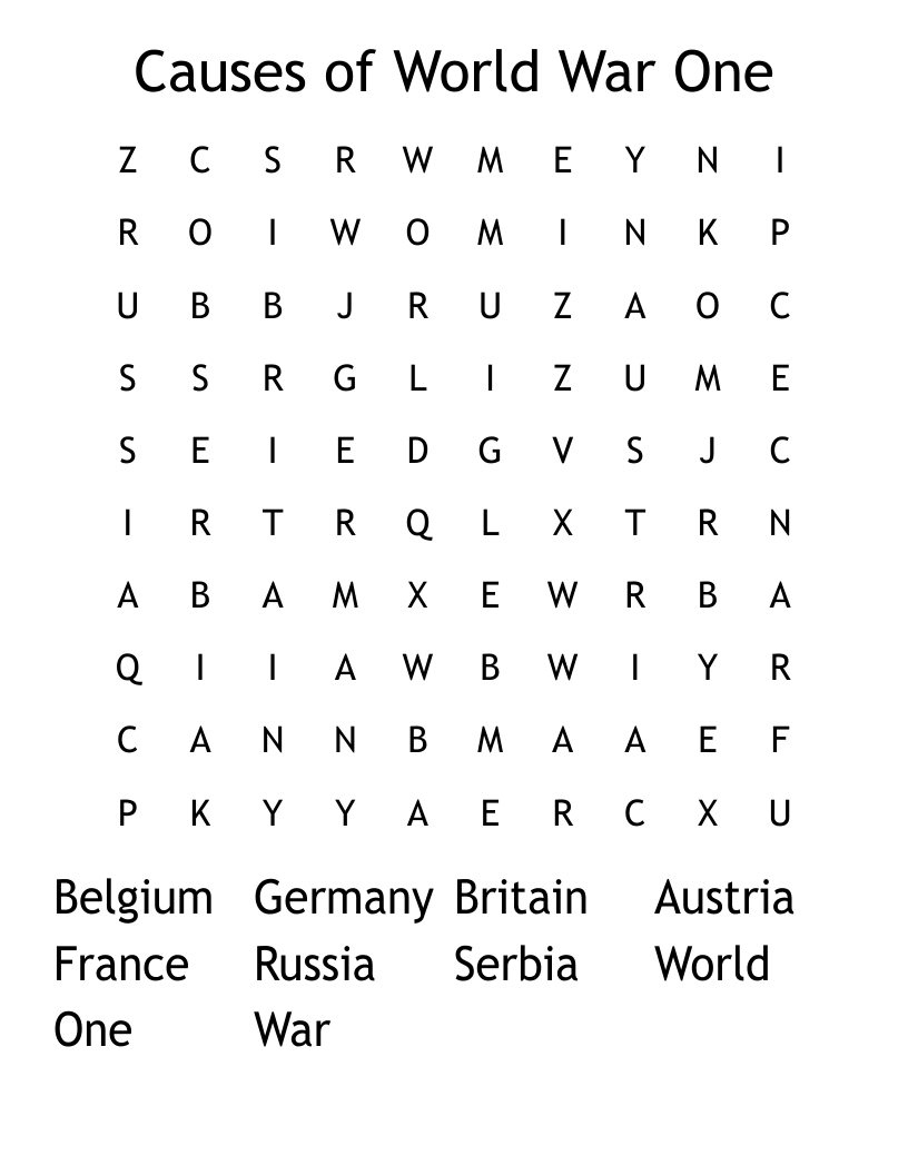 Causes of World War One Word Search