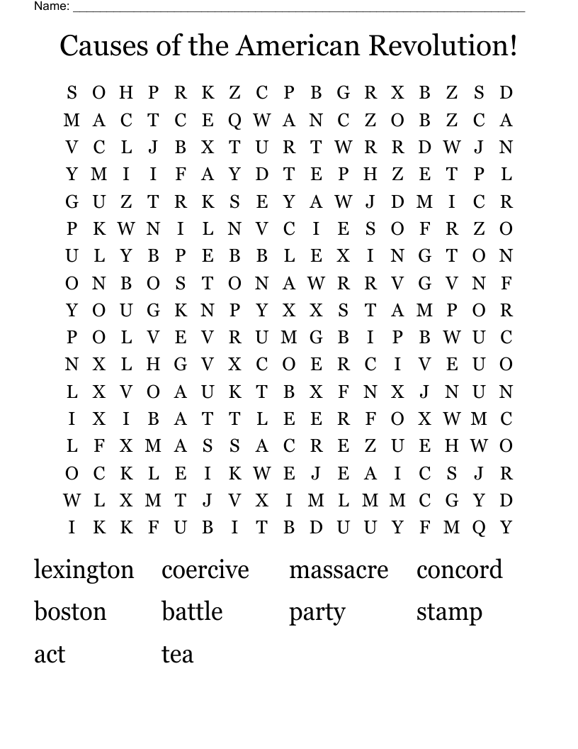 Causes of the American Revolution! Word Search