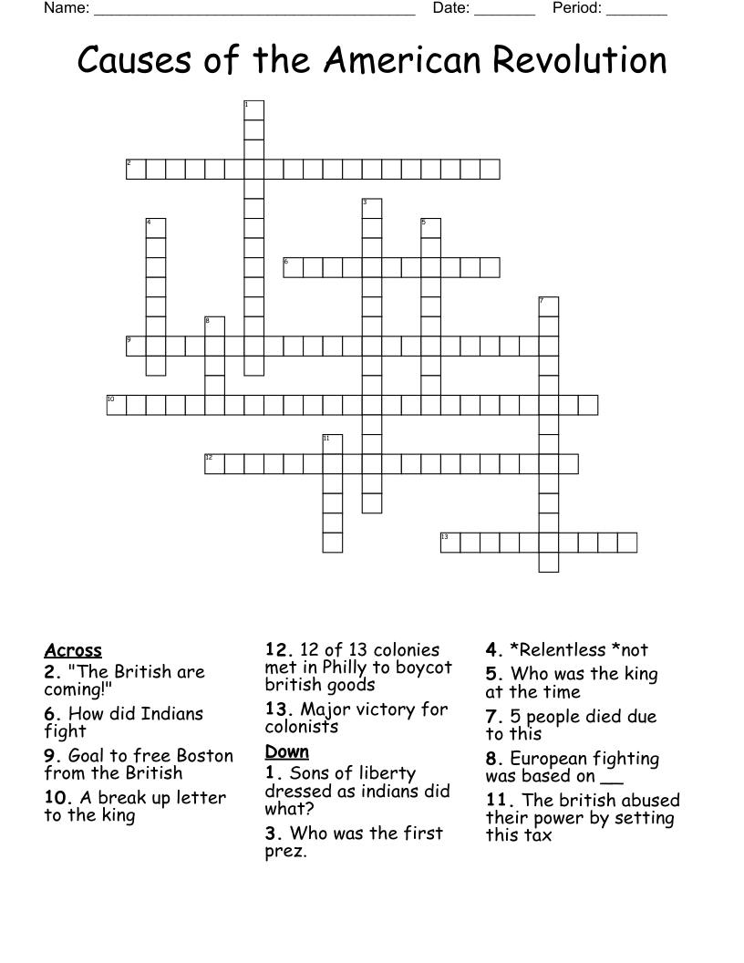 Causes of the American Revolution Crossword