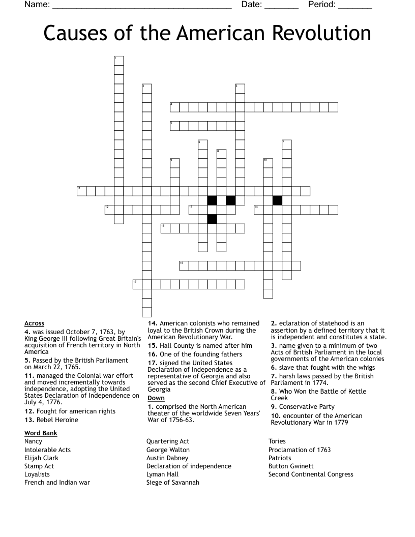 Causes of the American Revolution Crossword