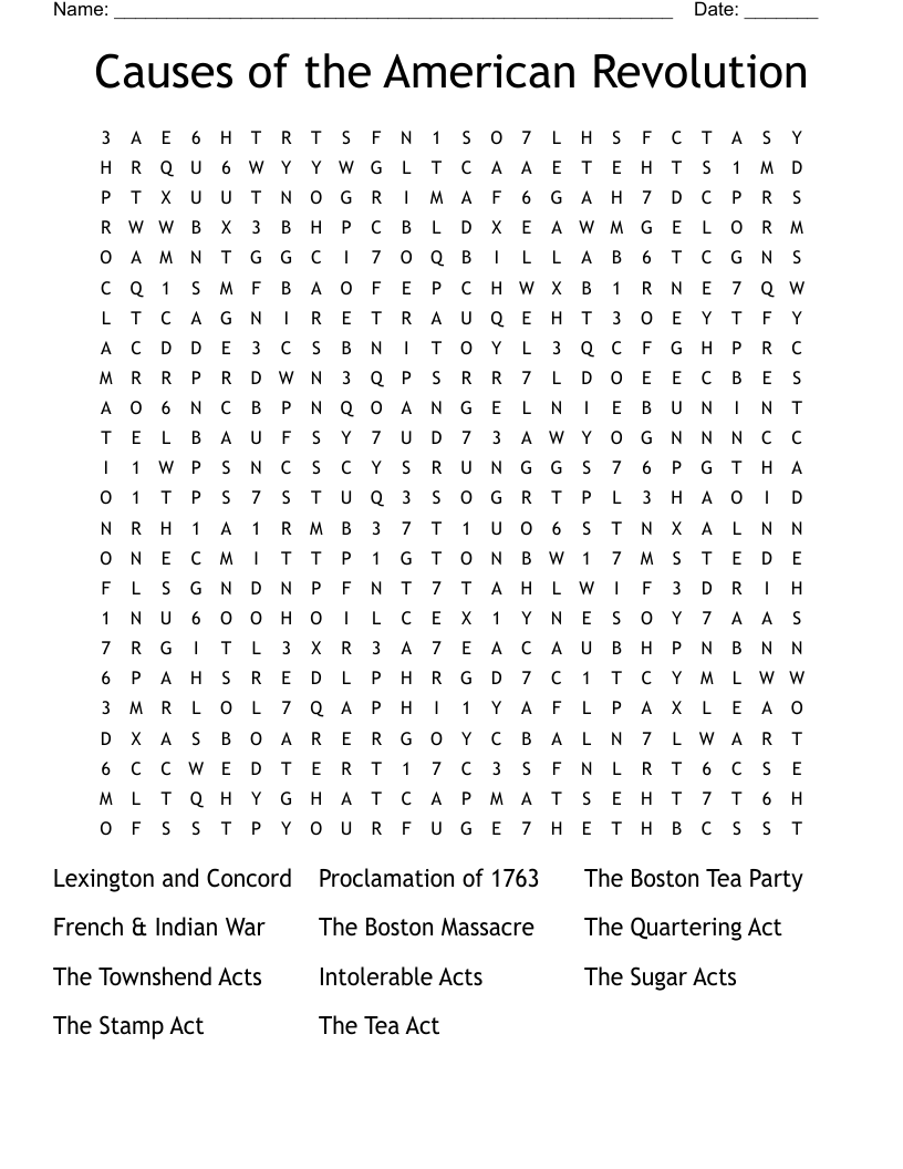 Causes of the American Revolution Word Search