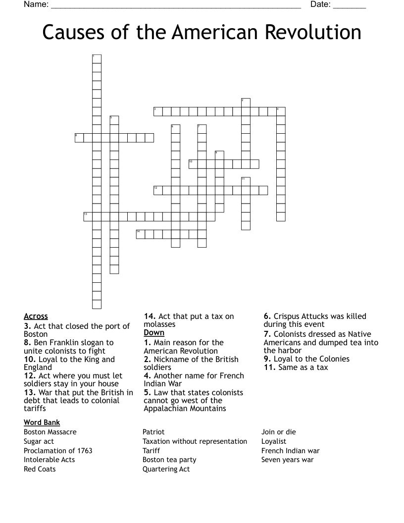 Causes of the American Revolution Crossword