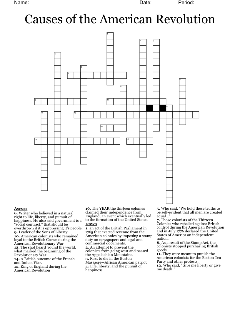 Causes of the American Revolution Crossword