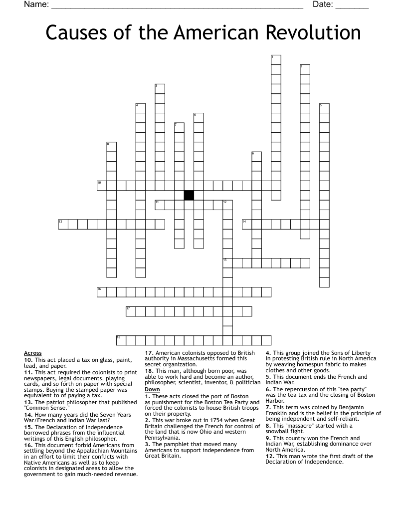 Causes of the American Revolution  Crossword