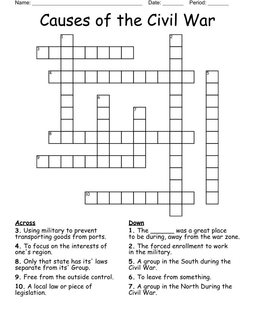 Causes of the Civil War Crossword