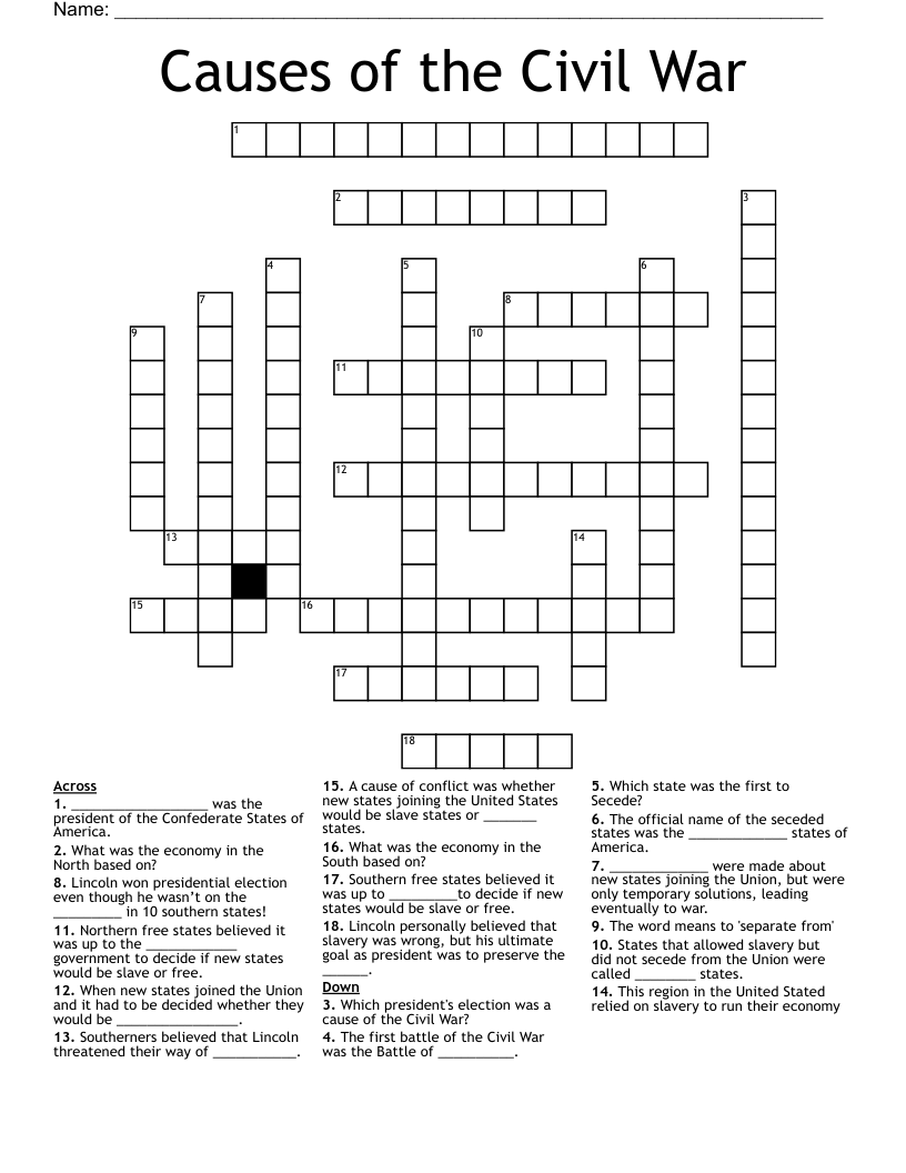 Causes of the Civil War Crossword
