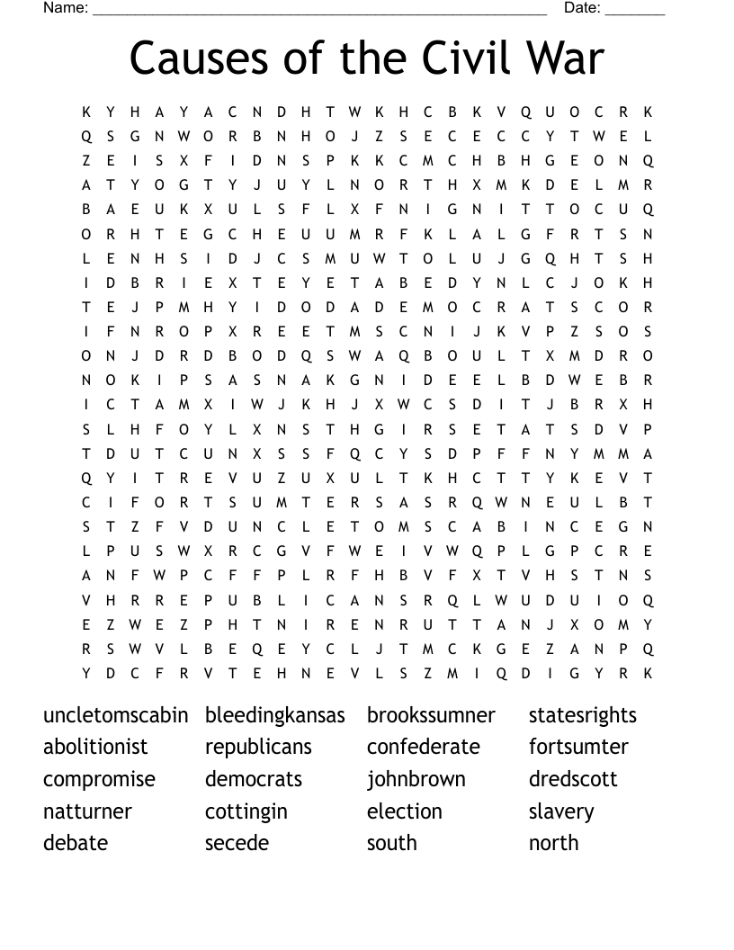 Causes of the Civil War Word Search