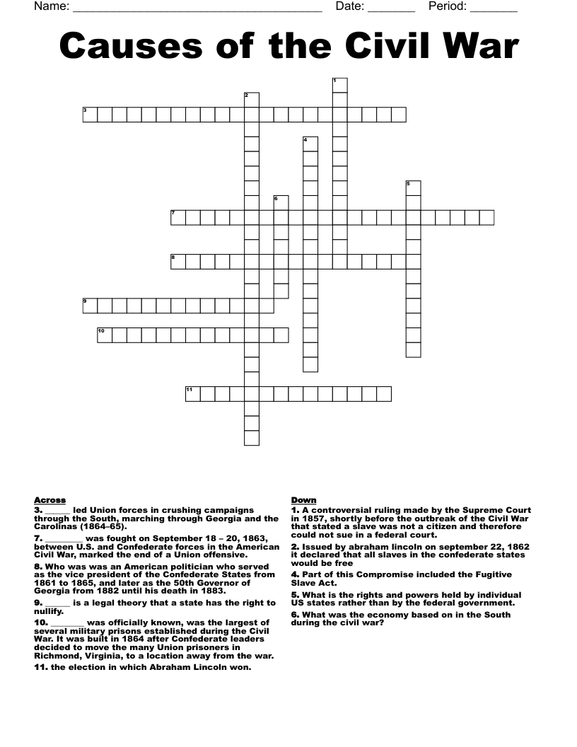 Causes of the Civil War Crossword