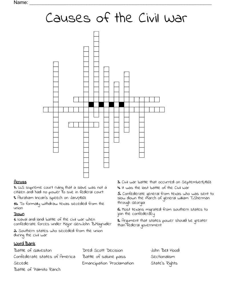 Causes of the Civil War Crossword