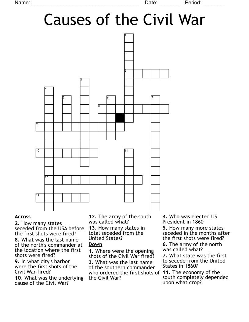 Causes of the Civil War Crossword