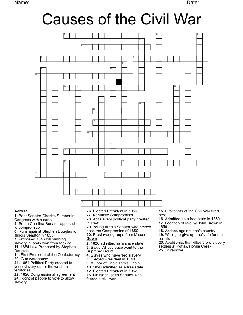 Causes of the Civil War Crossword