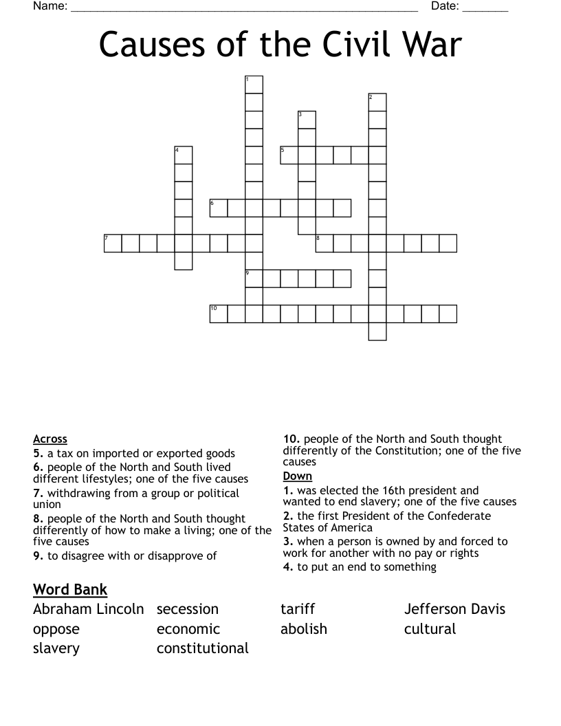Causes of the Civil War Crossword