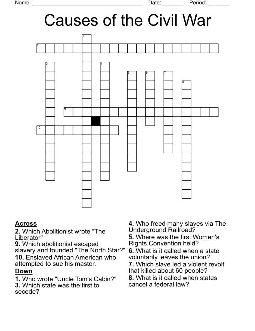 Causes of the Civil War Crossword