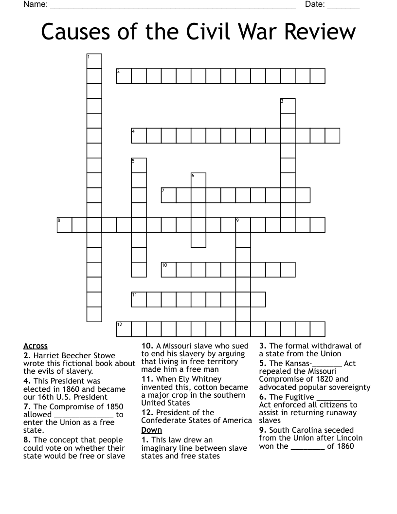 Causes of the Civil War Review Crossword
