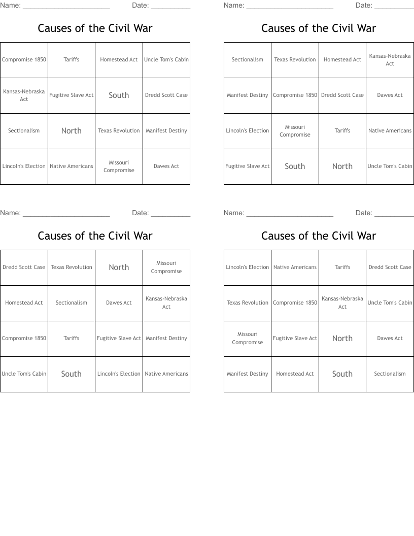Causes of the Civil War  Bingo Cards