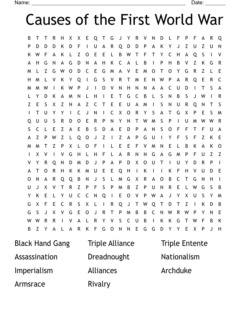 Causes of the First World War Word Search
