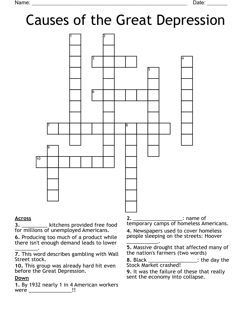 Causes of the Great Depression Crossword