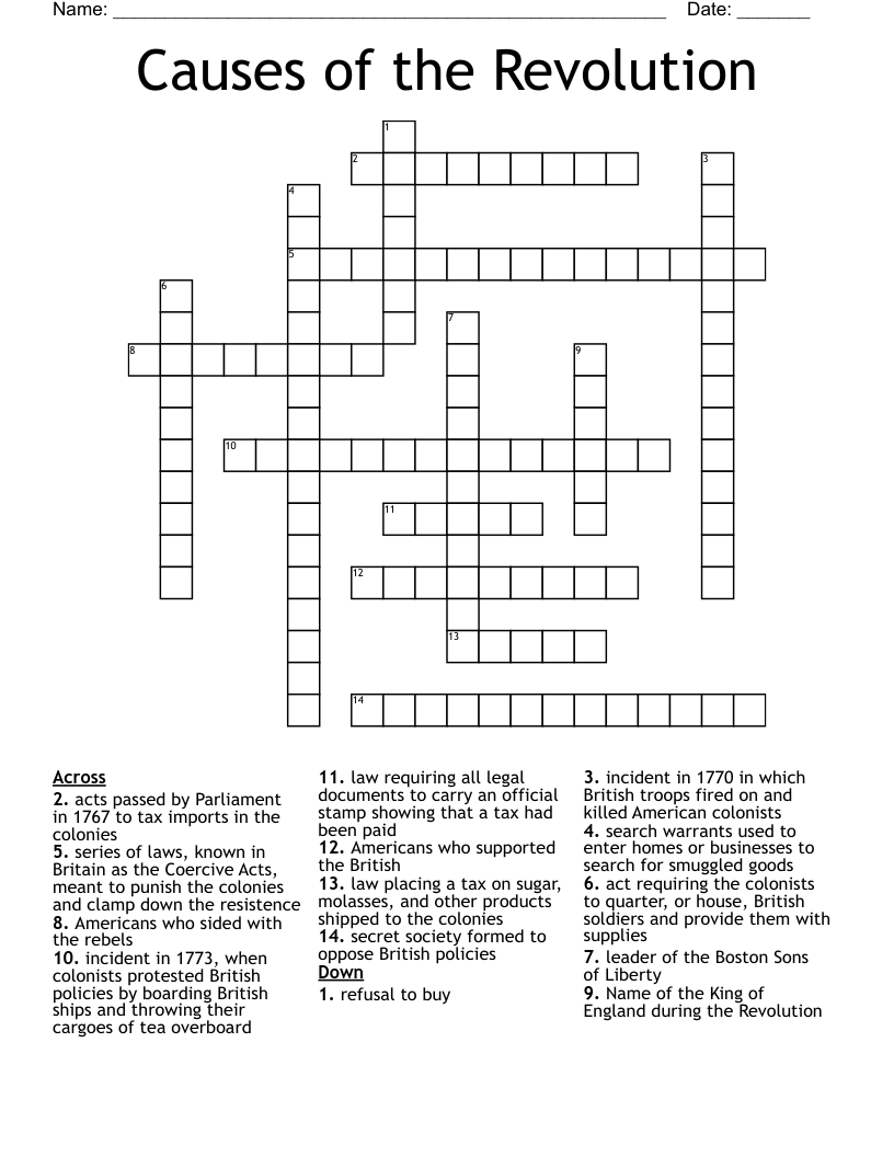 Causes of the Revolution Crossword