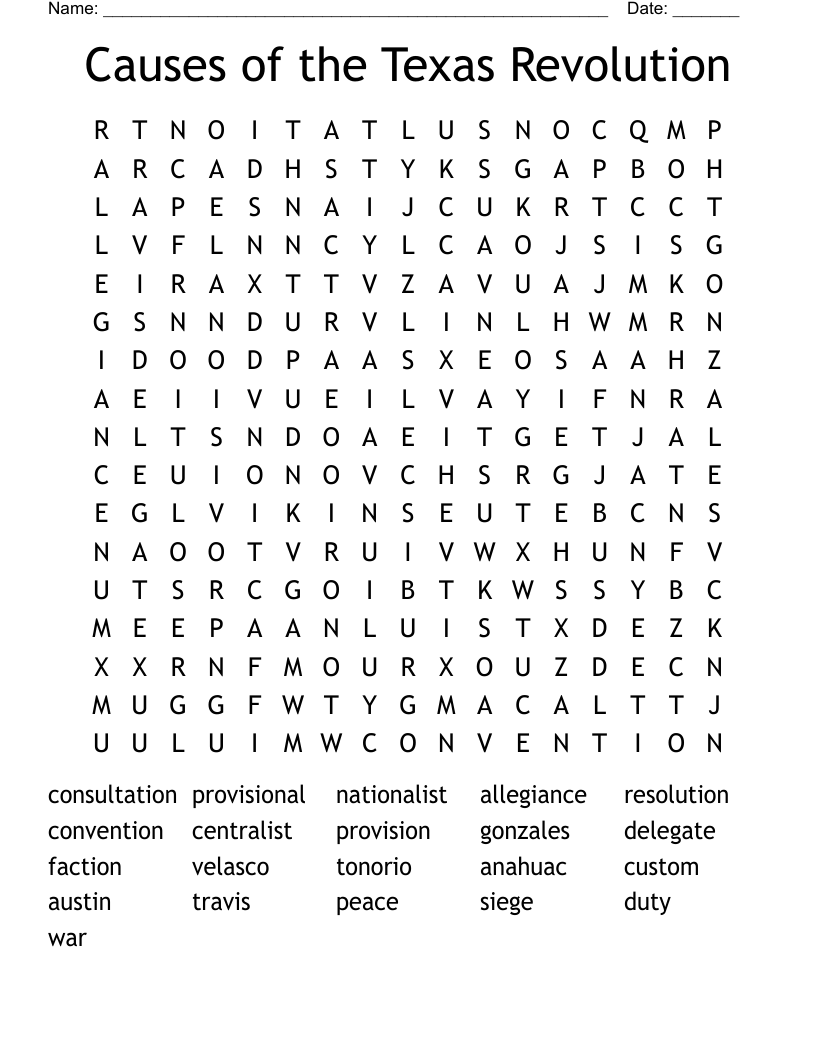 Causes of the Texas Revolution Word Search