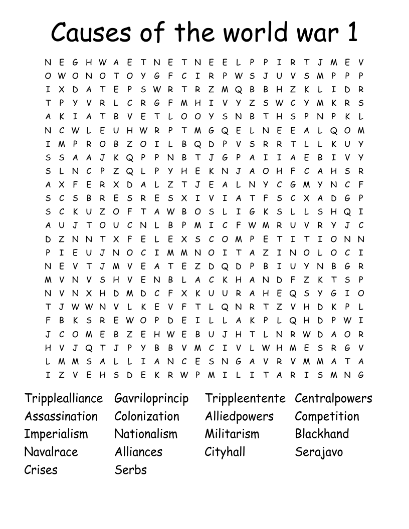 Causes of the world war 1 Word Search