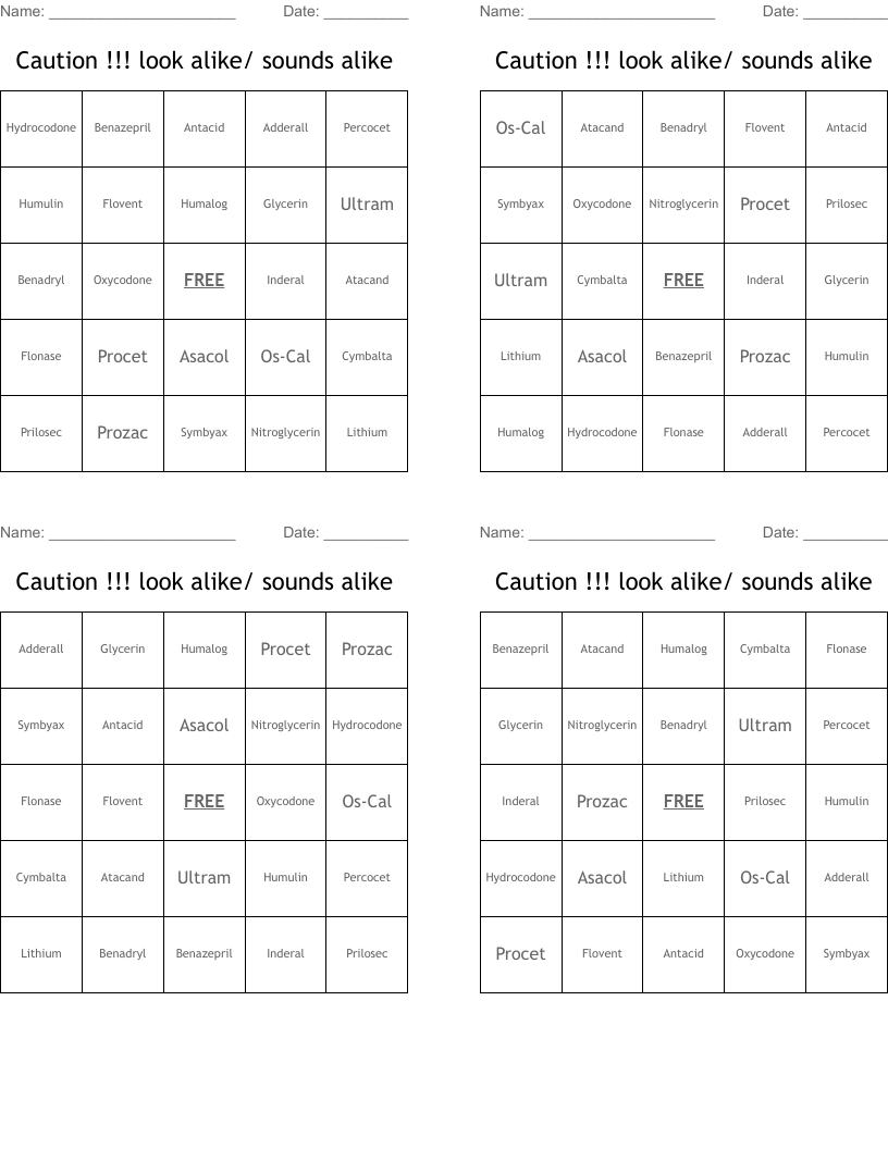 Caution !!! look alike/ sounds alike Bingo Cards