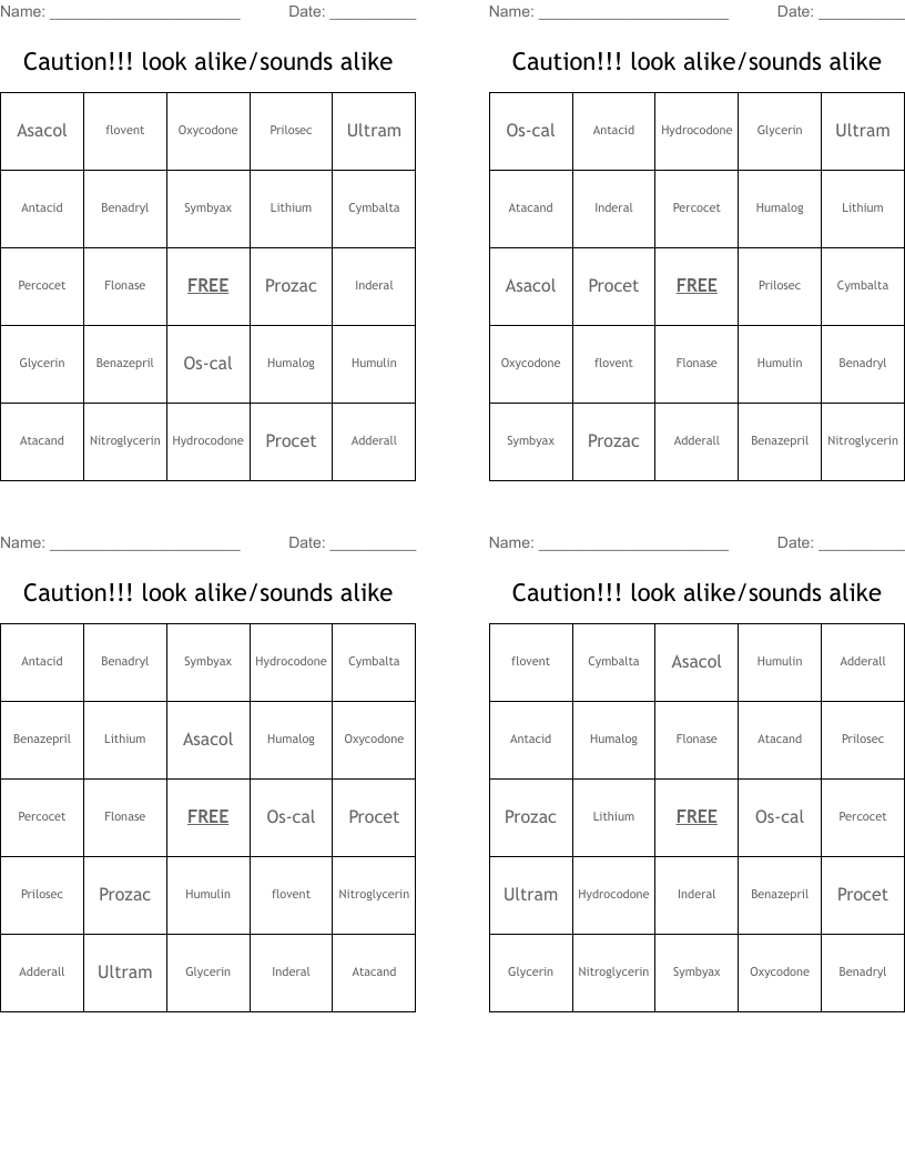 Caution!!! look alike/sounds alike Bingo Cards